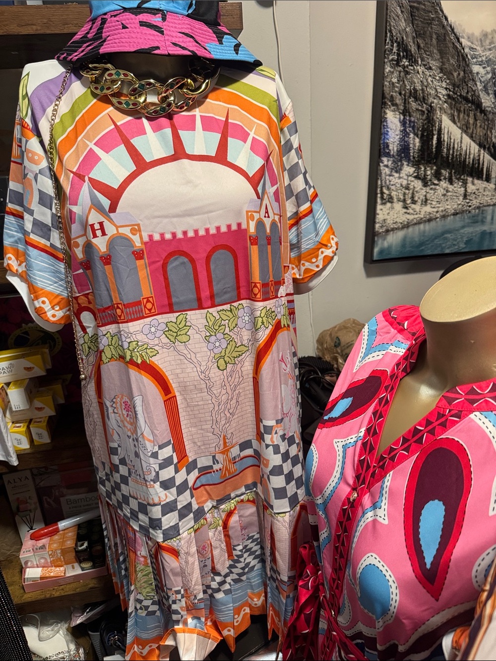 Colorful Graphic Print Caftan Dress in Pink, Orange, Blue and Cream